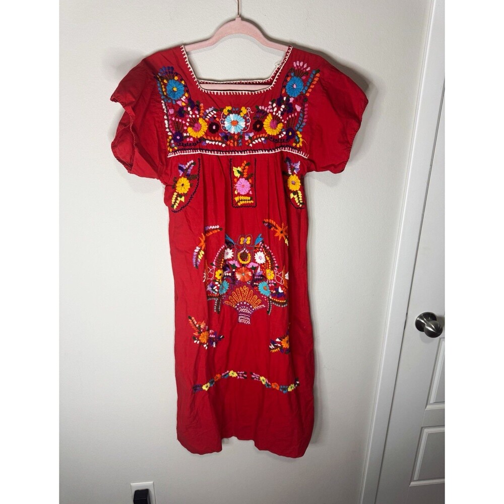 Handmade Women’s Red Mexican Dress, Embroidered Floral, Short Sleeve, One Size